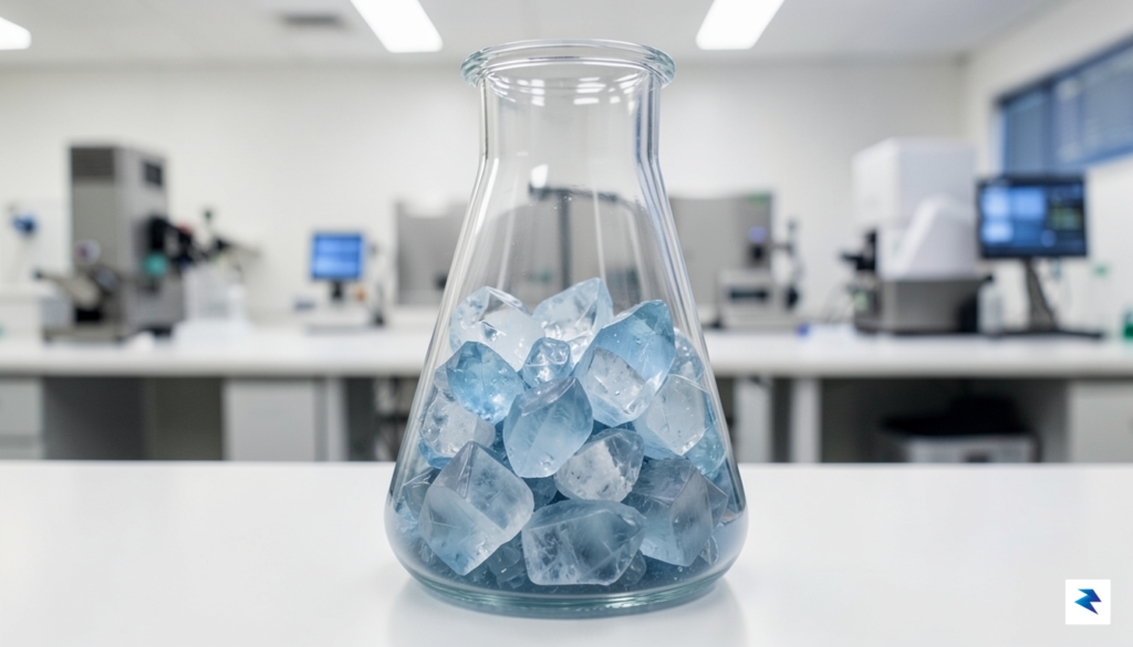 A close-up, high-resolution scientific photograph of a laboratory beaker containing&hellip;