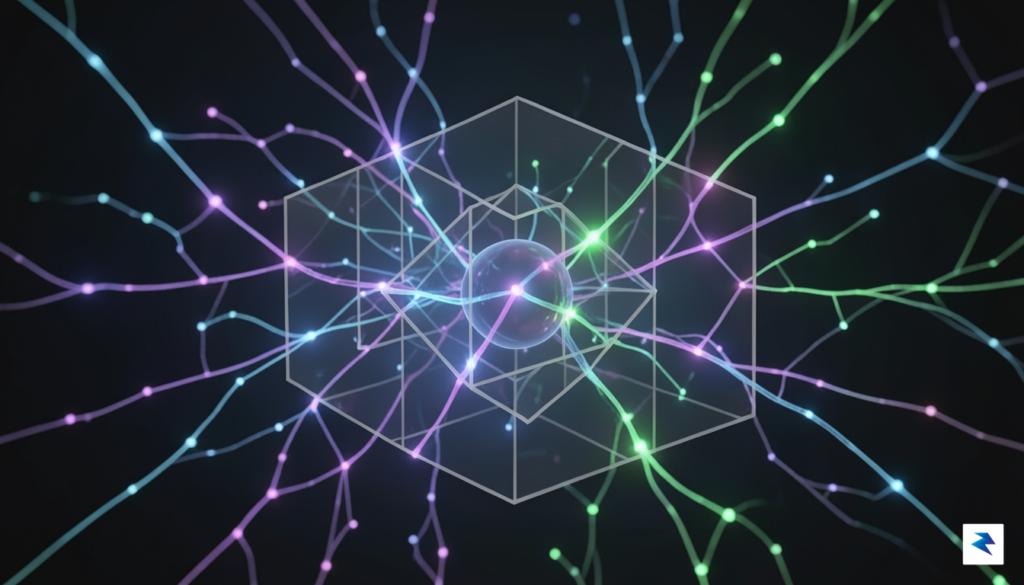 A conceptual digital illustration showing a complex, glowing neural network&hellip;