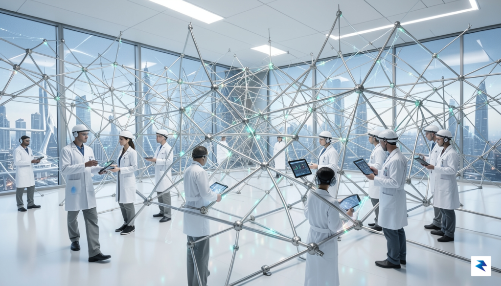 A conceptual digital illustration showing a complex, interconnected neural network&hellip;
