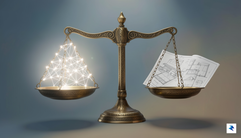 A conceptual digital illustration showing a balance scale with a&hellip;