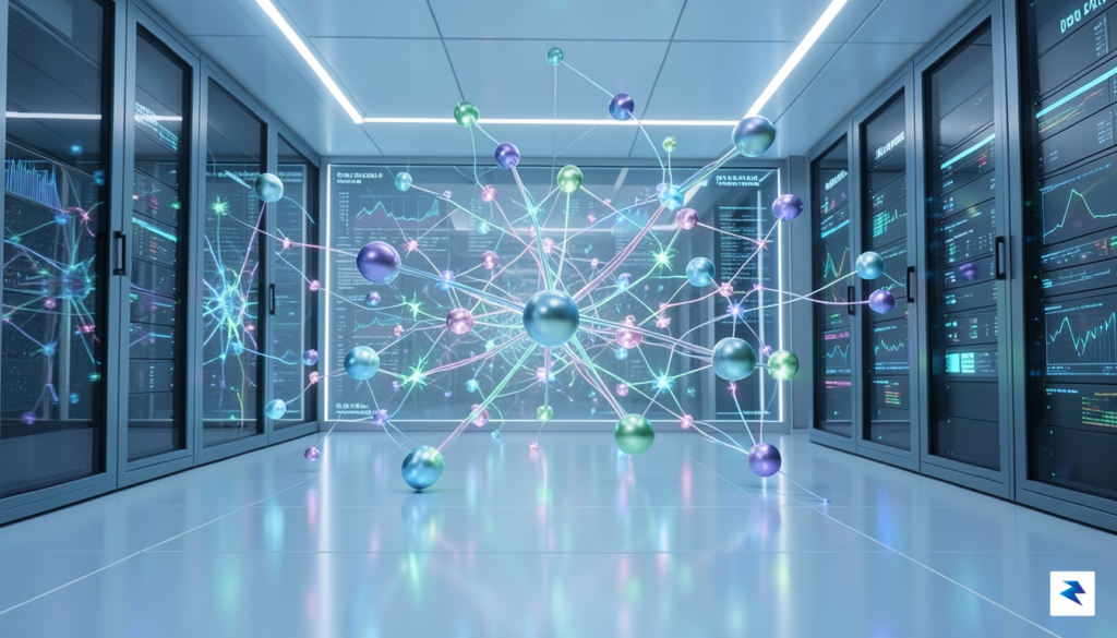 A sleek, futuristic data center visualization showing glowing neural network&hellip;