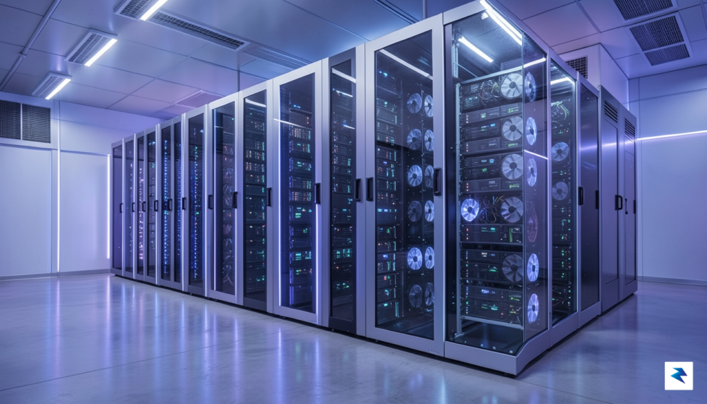 A sleek, futuristic data center interior filled with rows of&hellip;