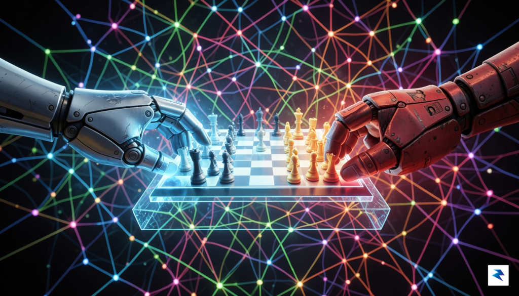 A digital conceptual illustration showing a chess game between two&hellip;