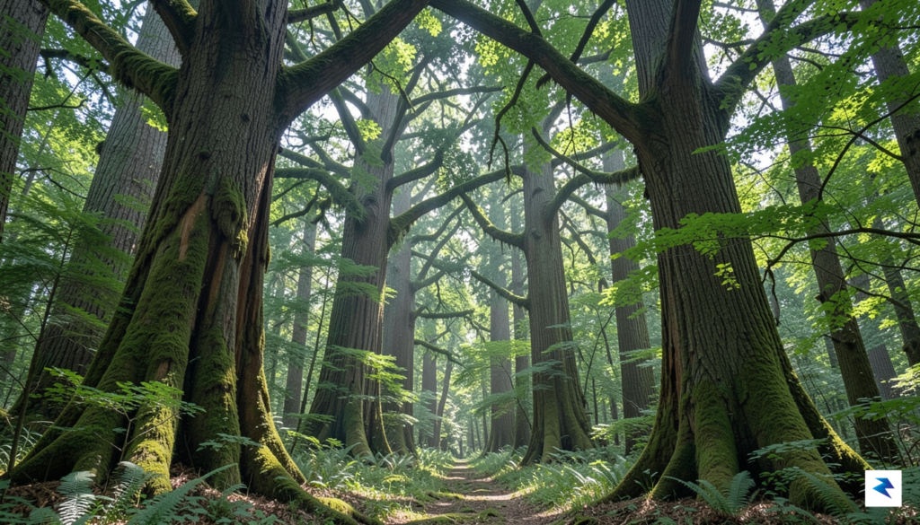 A majestic, towering old-growth forest with sunlight filtering through its&hellip;