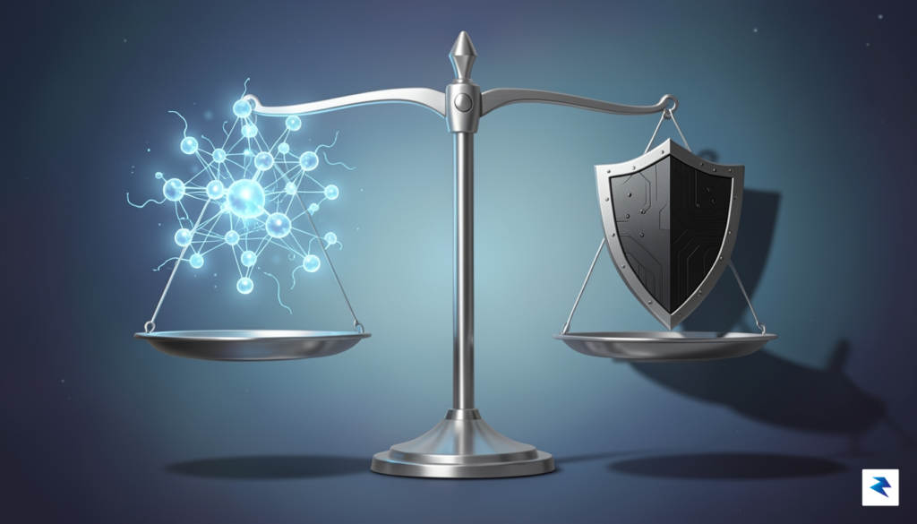 A conceptual digital illustration showing a balance scale where one…