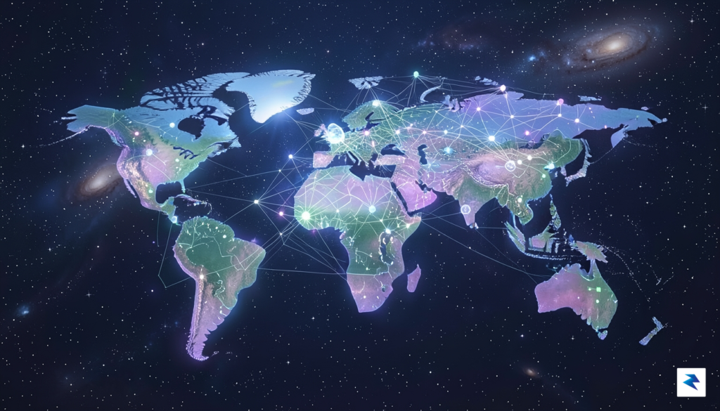 A wide-angle digital illustration showing a glowing, interconnected global network…