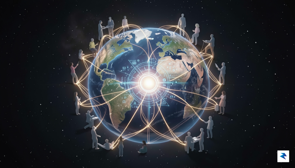 A digital illustration showing a globe interconnected by glowing fiber-optic…
