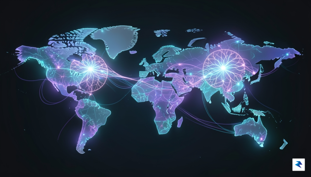 A conceptual digital visualization showing two glowing, interconnected neural network…