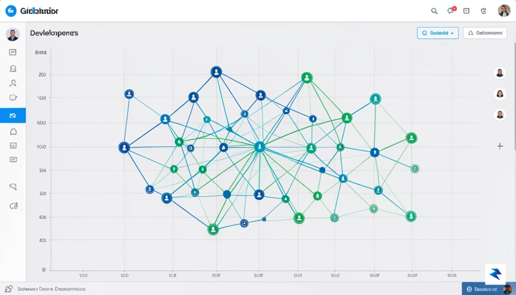 A clean, modern data visualization dashboard showing a network graph…