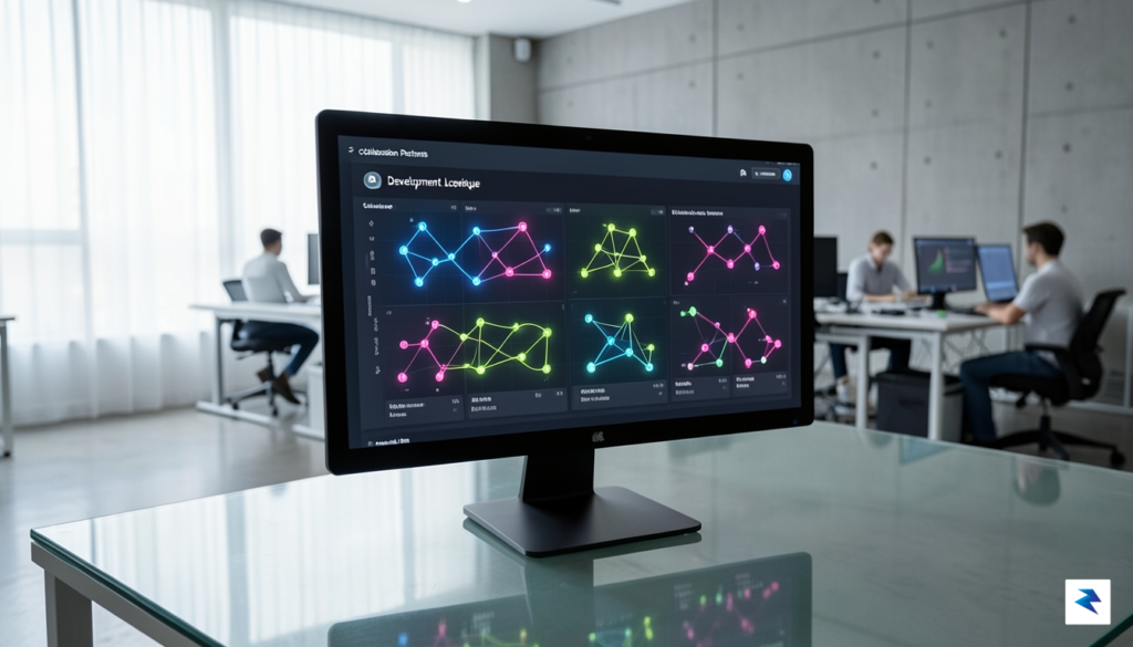 A modern, minimalist dashboard interface showing glowing data visualizations of…