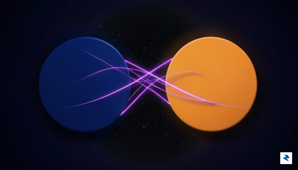 An abstract digital visualization showing glowing lines connecting two distinct…