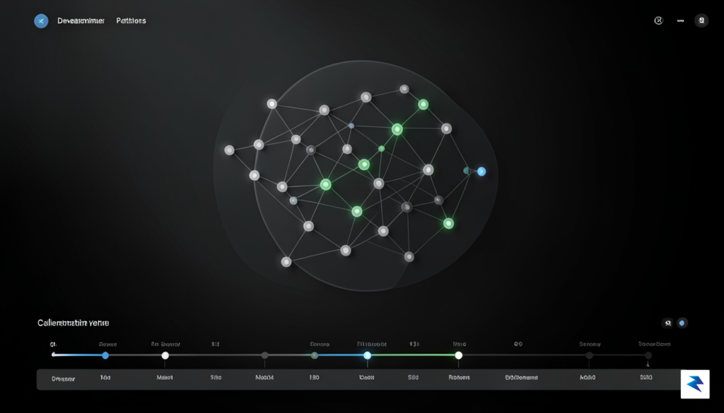 A modern, minimalist data visualization dashboard showing interconnected nodes and…