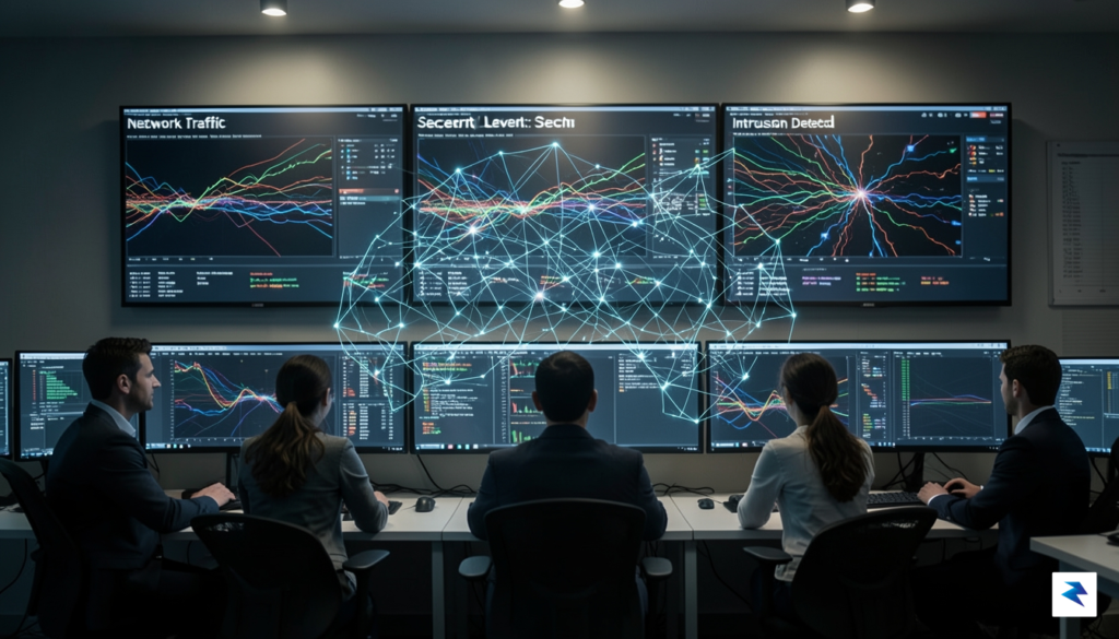 A detailed illustration showing cybersecurity professionals monitoring multiple screens displaying&hellip;