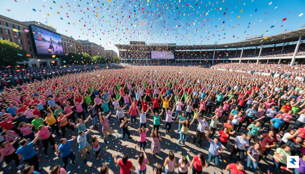 A vibrant aerial shot of a massive crowd of people&hellip;
