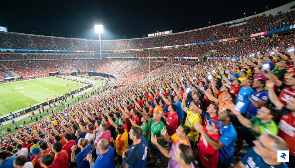 A high-angle, long-exposure photograph of a packed stadium at night,&hellip;