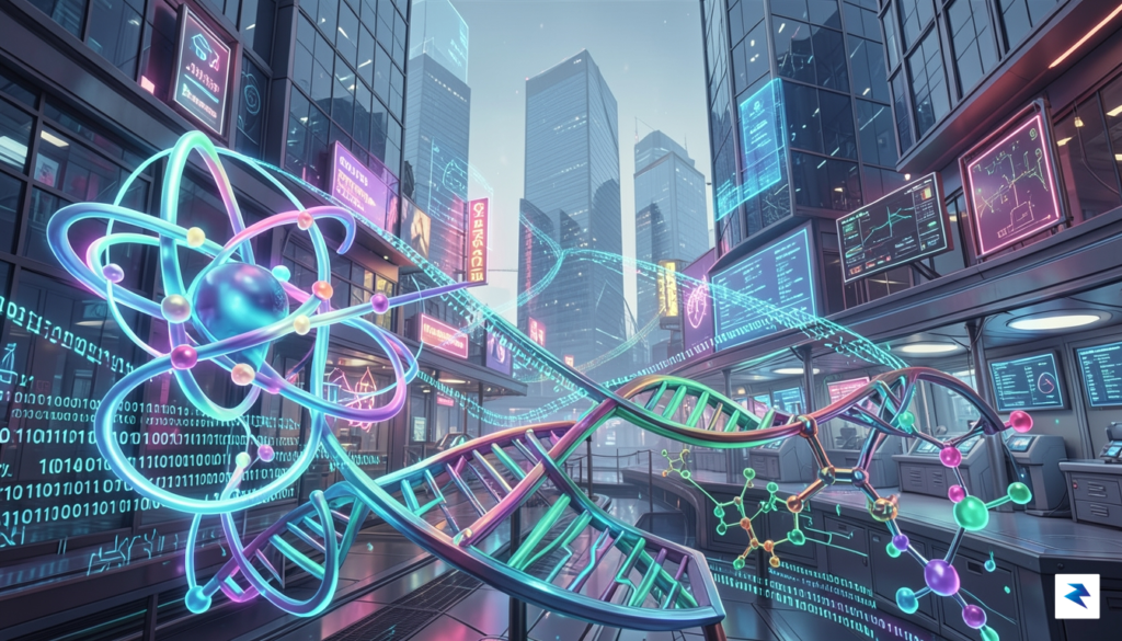 A vibrant, abstract illustration depicting the convergence of scientific symbols…
