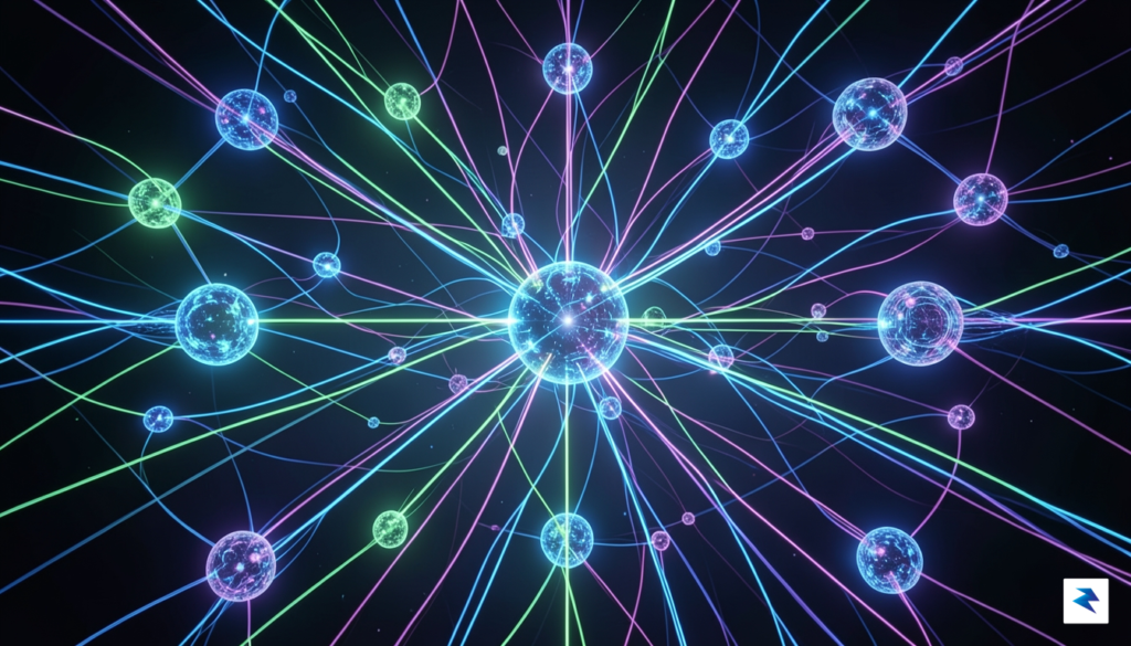 An abstract representation of a complex network of interconnected nodes…