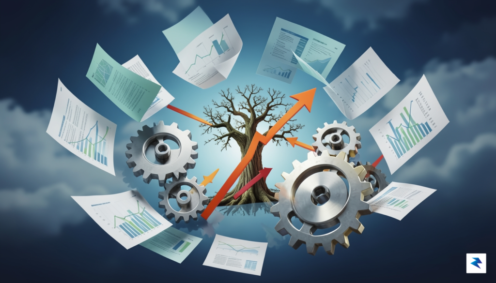 An abstract illustration of a company's financial documents being reorganized…