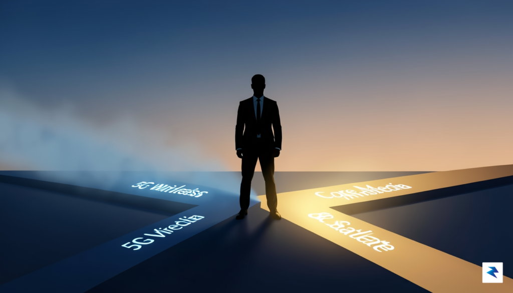 A silhouette of a business person standing at a crossroads,…