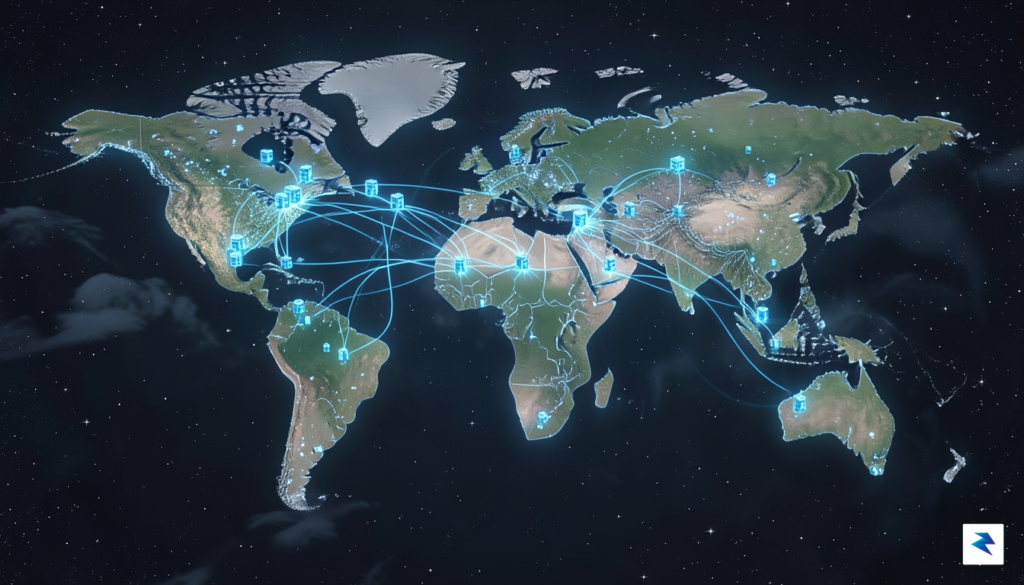 A stylized, high-resolution digital map of the world with glowing…