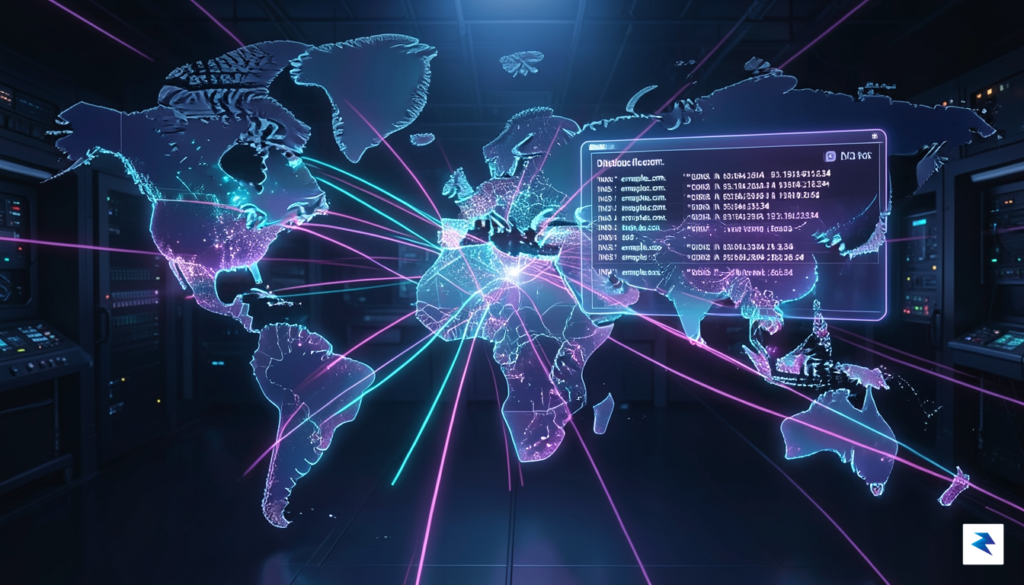 A stylized world map with glowing lines emanating from various…