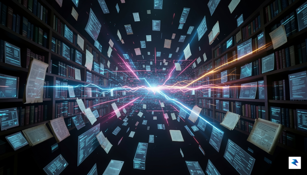 A conceptual digital art piece showing a vast, glowing library…