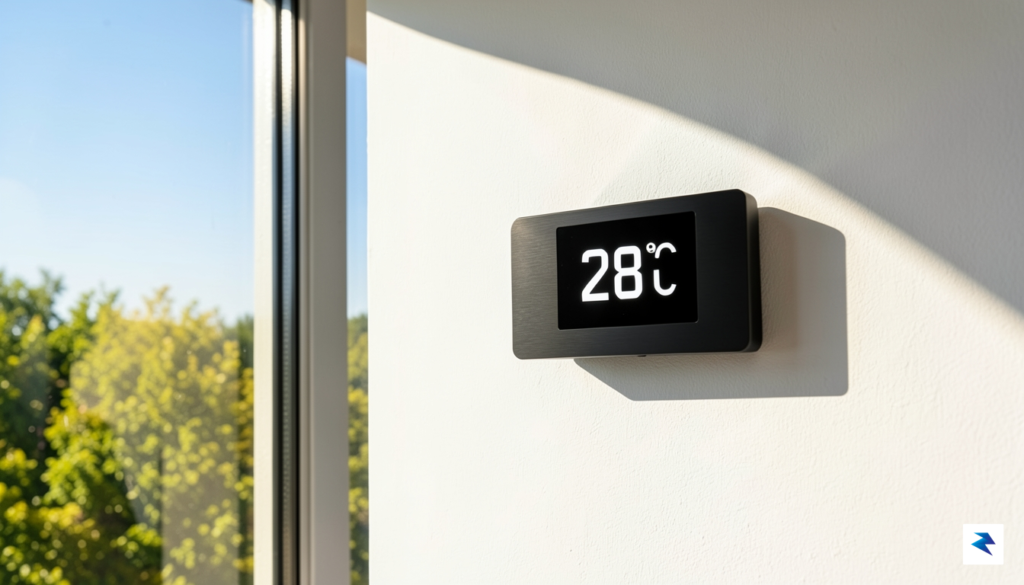 A modern digital thermostat mounted on a wall displaying a…