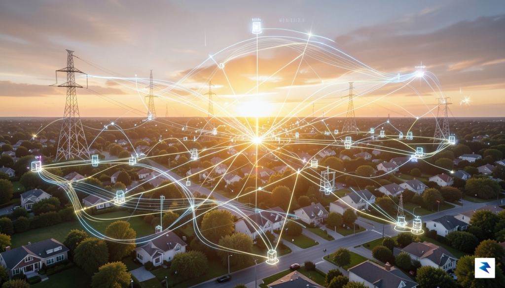 A wide-angle digital illustration showing a glowing, interconnected smart power…