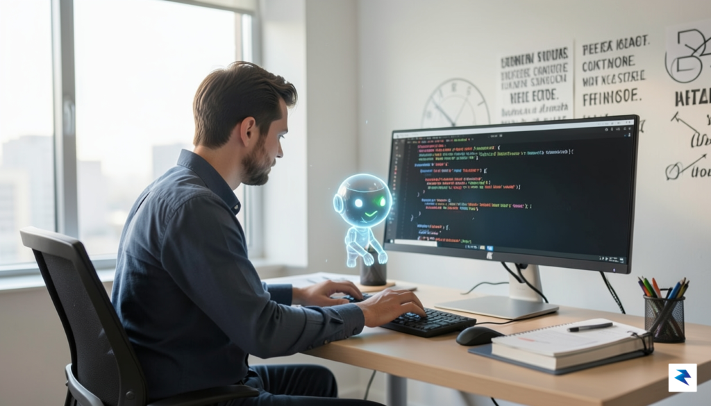 A developer at a computer, with an AI bot avatar&hellip;