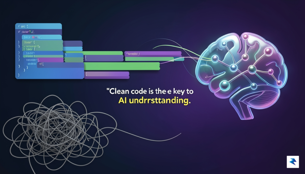 An abstract representation of clean, modular code blocks flowing smoothly&hellip;
