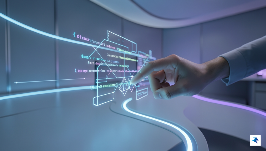 A sleek, futuristic workspace showing a glowing holographic code structure&hellip;
