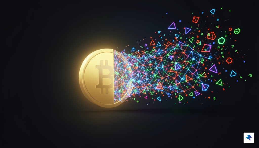 A conceptual digital illustration showing a glowing, minimalist Bitcoin block…