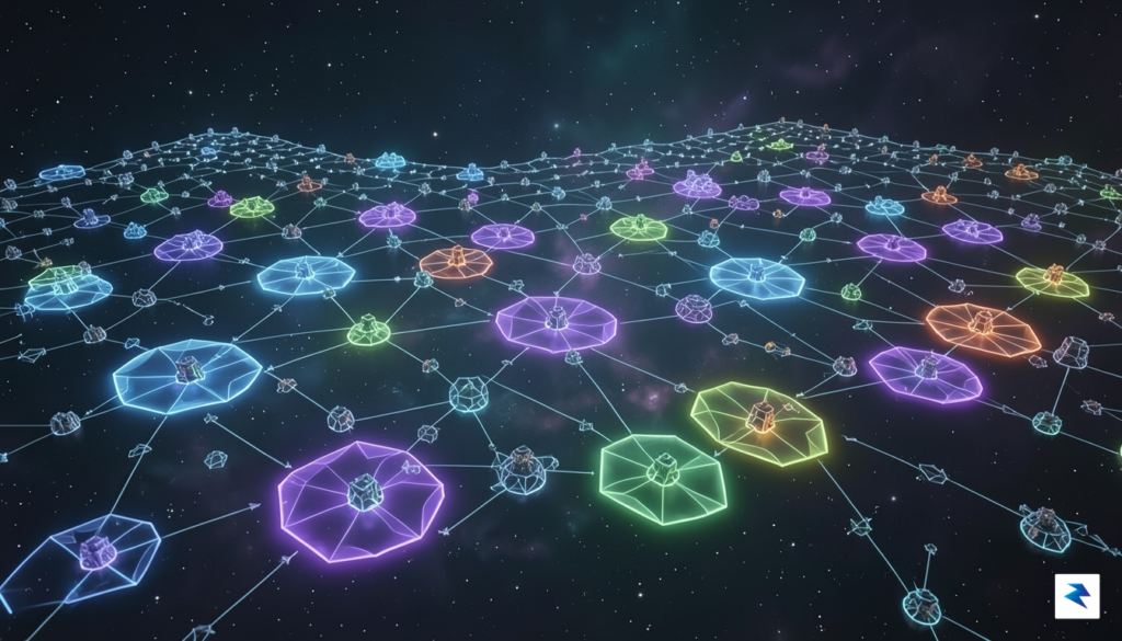 A conceptual digital artwork showing a decentralized network of nodes,…