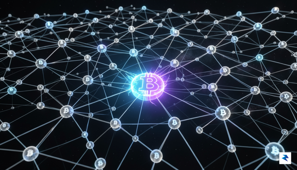 A digital illustration depicting a vast, glowing network of interconnected…