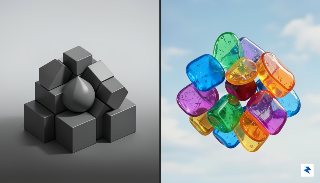 A conceptual split-screen digital illustration showing a unified, rigid geometric…