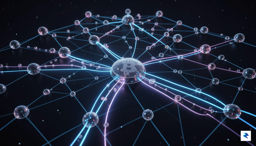 A conceptual digital visualization of a Bitcoin blockchain network showing…