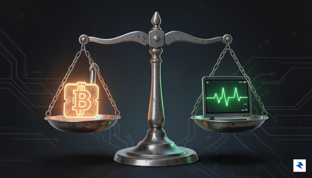 A conceptual digital illustration showing a balance scale, with one…