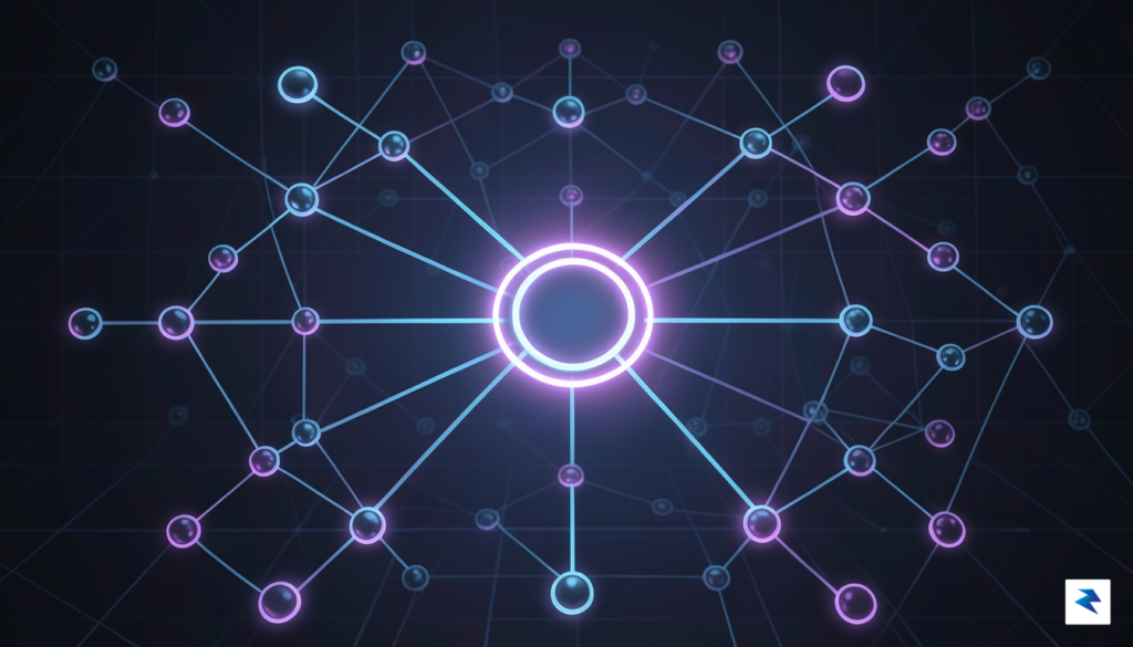 A conceptual digital illustration showing a decentralized network of nodes,…