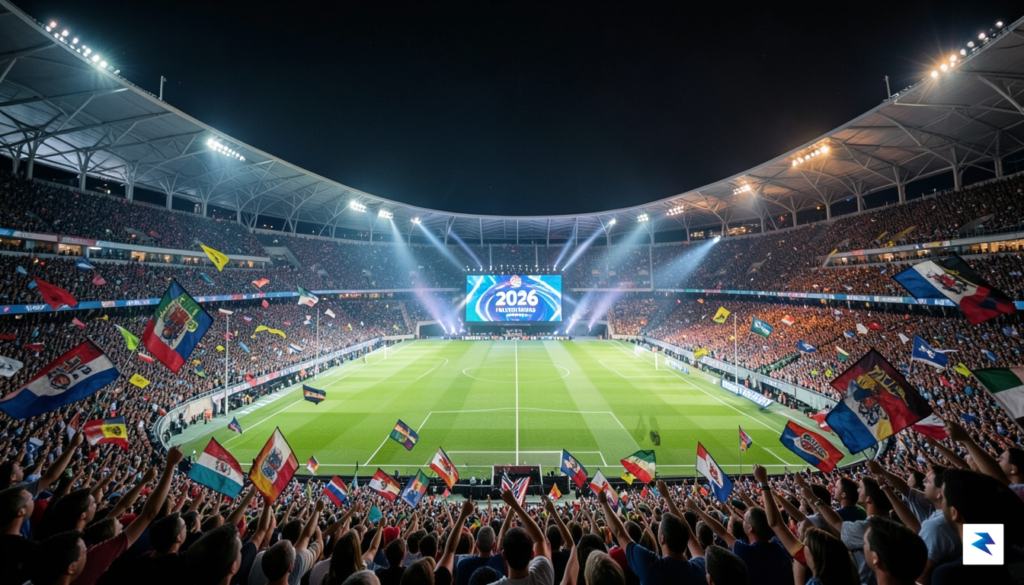 A wide-angle, high-definition photograph of a packed modern American soccer…