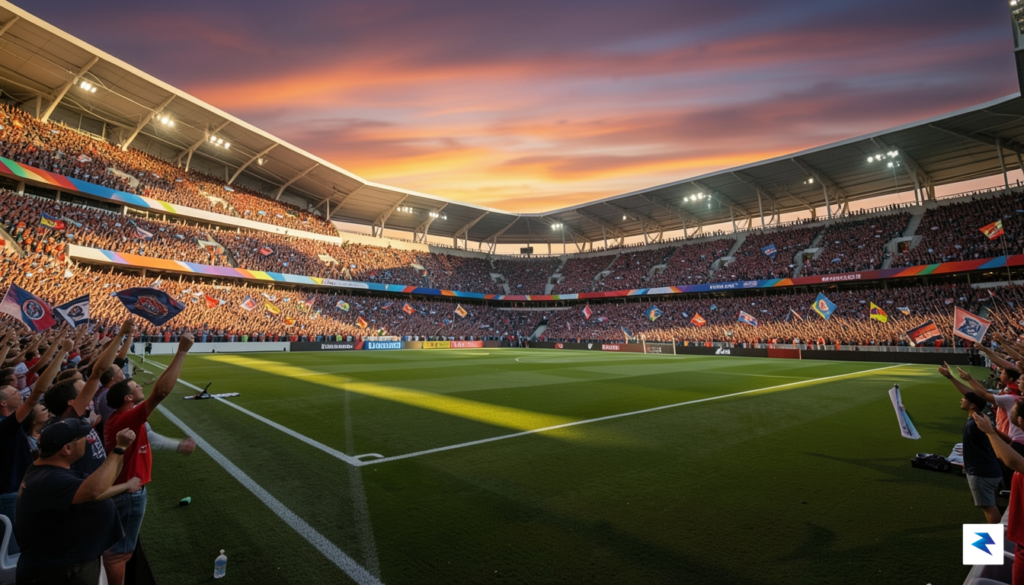 A wide-angle, high-definition photograph of a modern, packed soccer-specific stadium…