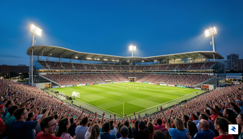 A wide-angle shot of a state-of-the-art soccer-specific stadium in the…