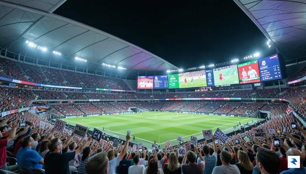 A wide-angle shot of a modern MLS stadium at night…