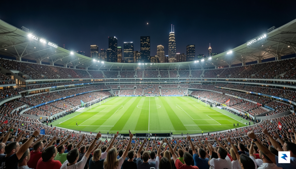 A vibrant, wide-angle shot of a state-of-the-art soccer stadium in…