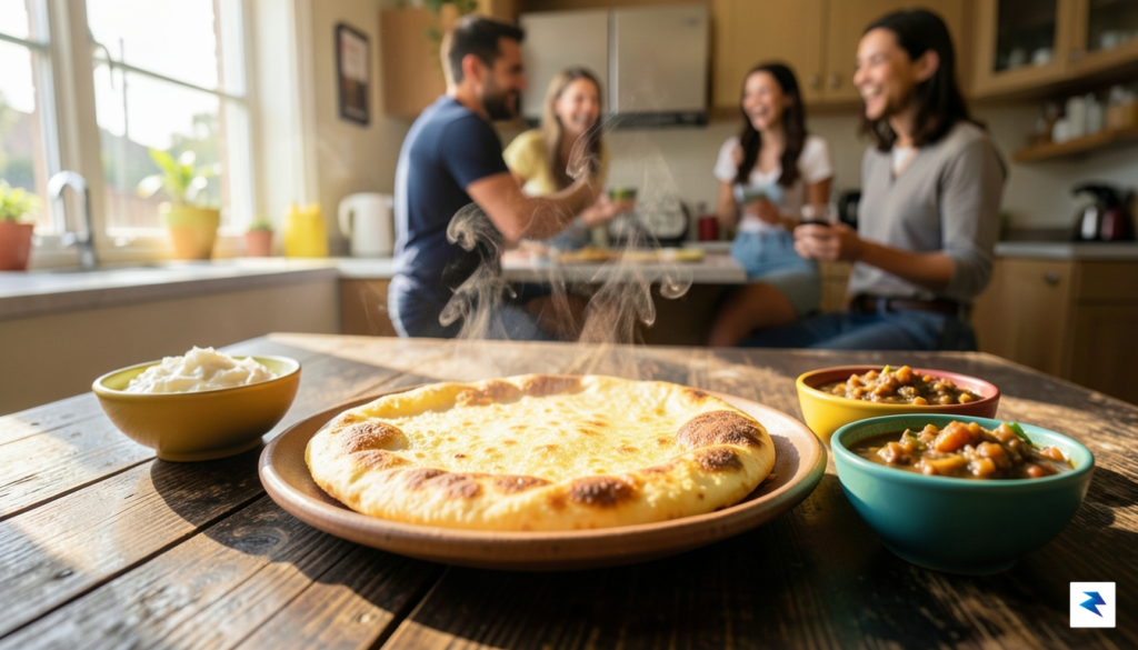A warm, sun-drenched close-up of a kitchen table in a…