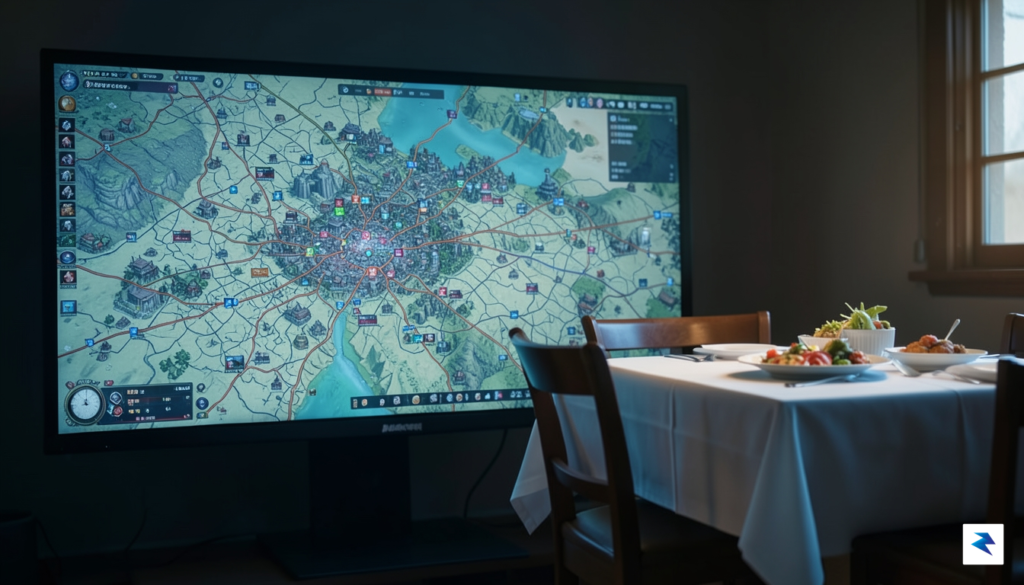 A wide, atmospheric shot of a cluttered, overwhelming open-world map…