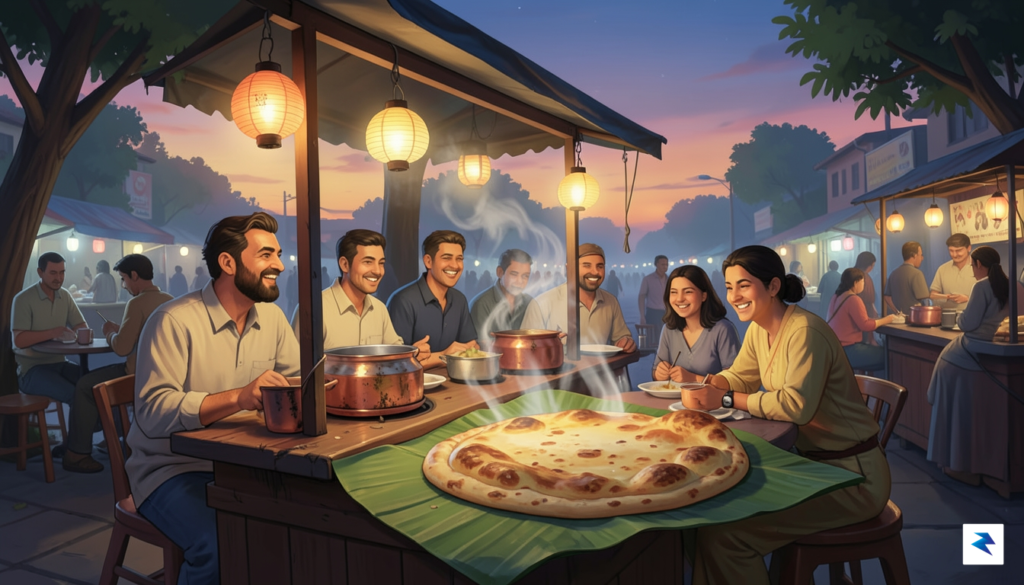 A vibrant, warm-toned digital painting of a cozy street-side dosa…
