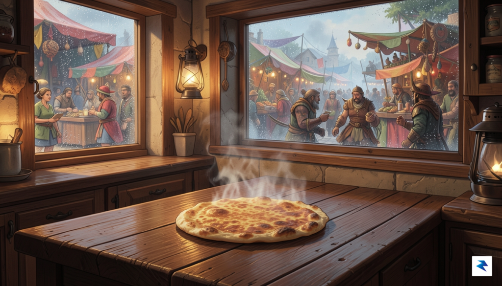 A cozy, warm-lit kitchen interior in an RPG art style,…