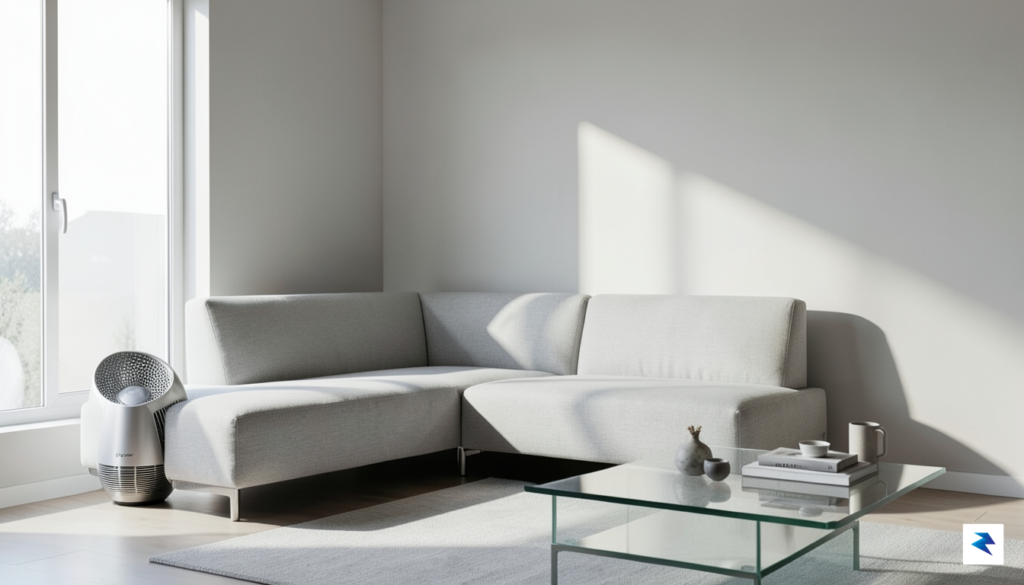 A modern, minimalist living room featuring a sleek Dyson purifier&hellip;