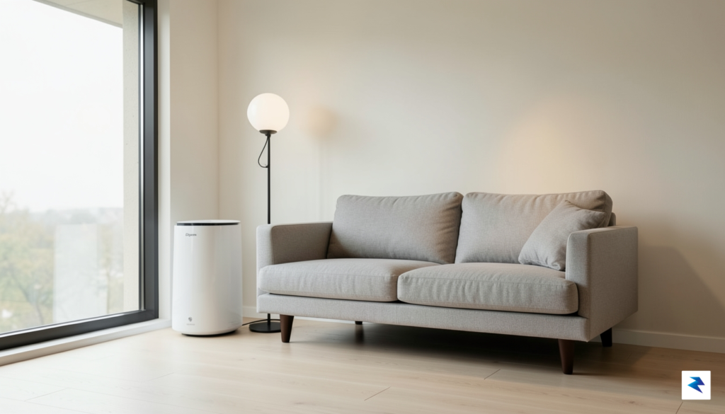 A modern, minimalist living room featuring a sleek Dyson Hot+Cool&hellip;