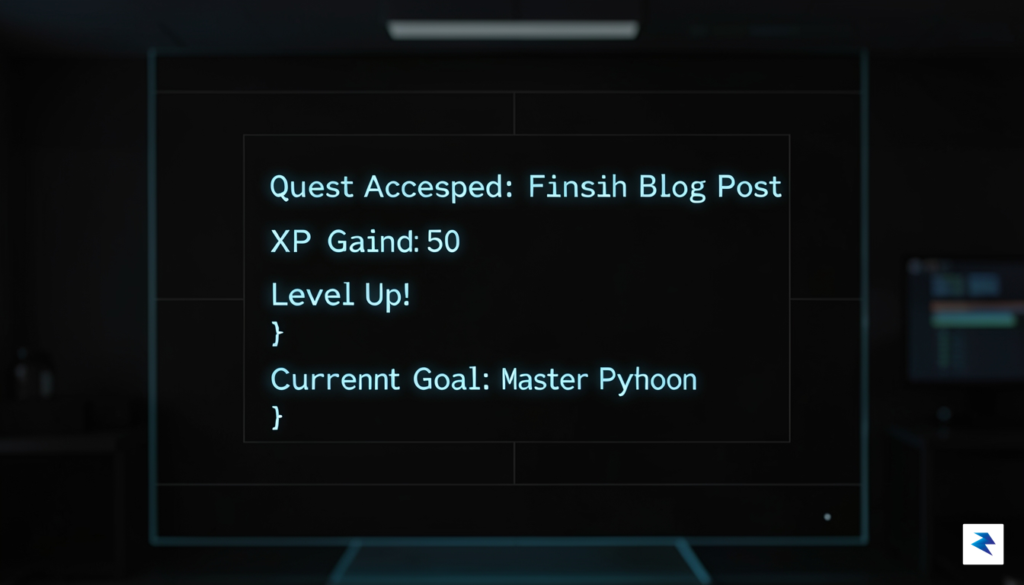 A minimalist, dark-themed command-line interface showing text like "Quest Accepted:&hellip;